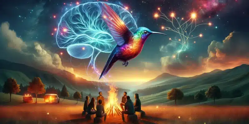 Neurosparkle Hummingbird Brain over a cosmic bonfire of pragmatic positivity practitioners