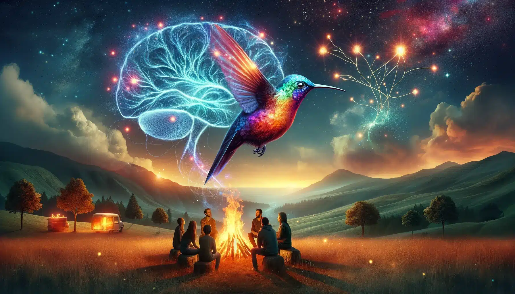 Neurosparkle Hummingbird Brain over a cosmic bonfire of pragmatic positivity practitioners